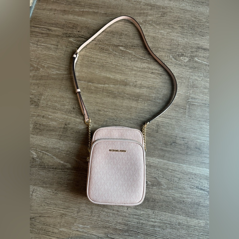 Pink Michael Kors  crossbody Logo-print canvas Gold-tone hardware 9”W X5.5”HX1”D